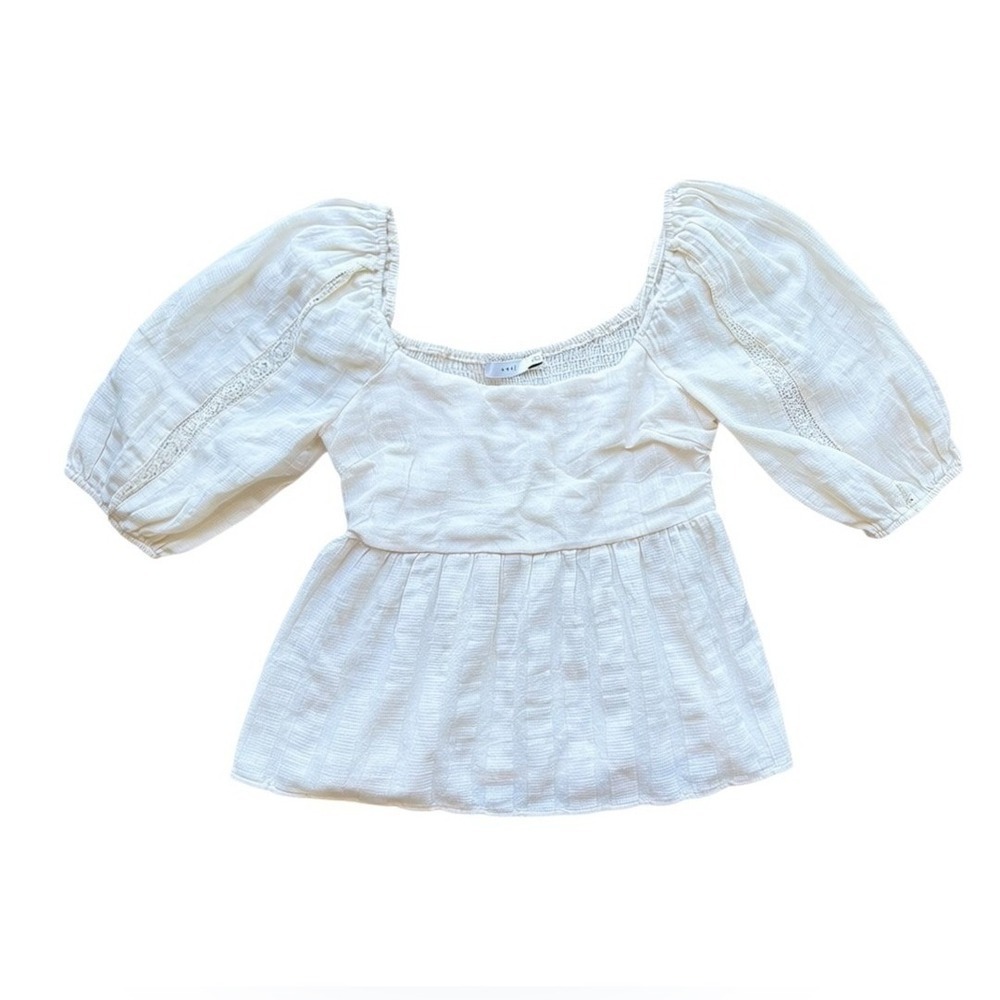 Cream Textured Puff Sleeve Babydoll Blouse Square Neck Lace Insert M Cottagecore